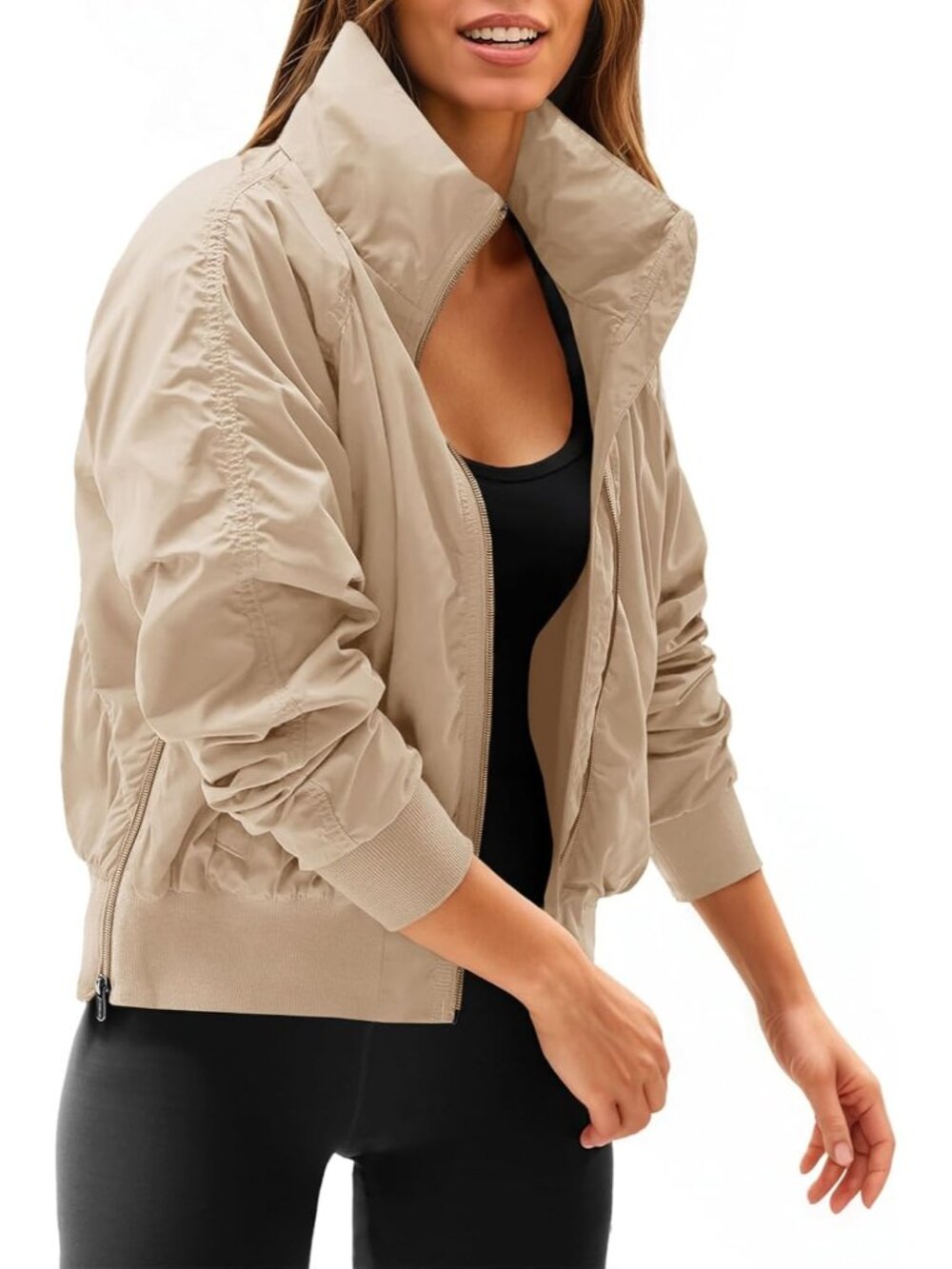 Women Coffee Polyester Hidden Hooded Long Sleeve Zip Up Pocket Bomber Jacket